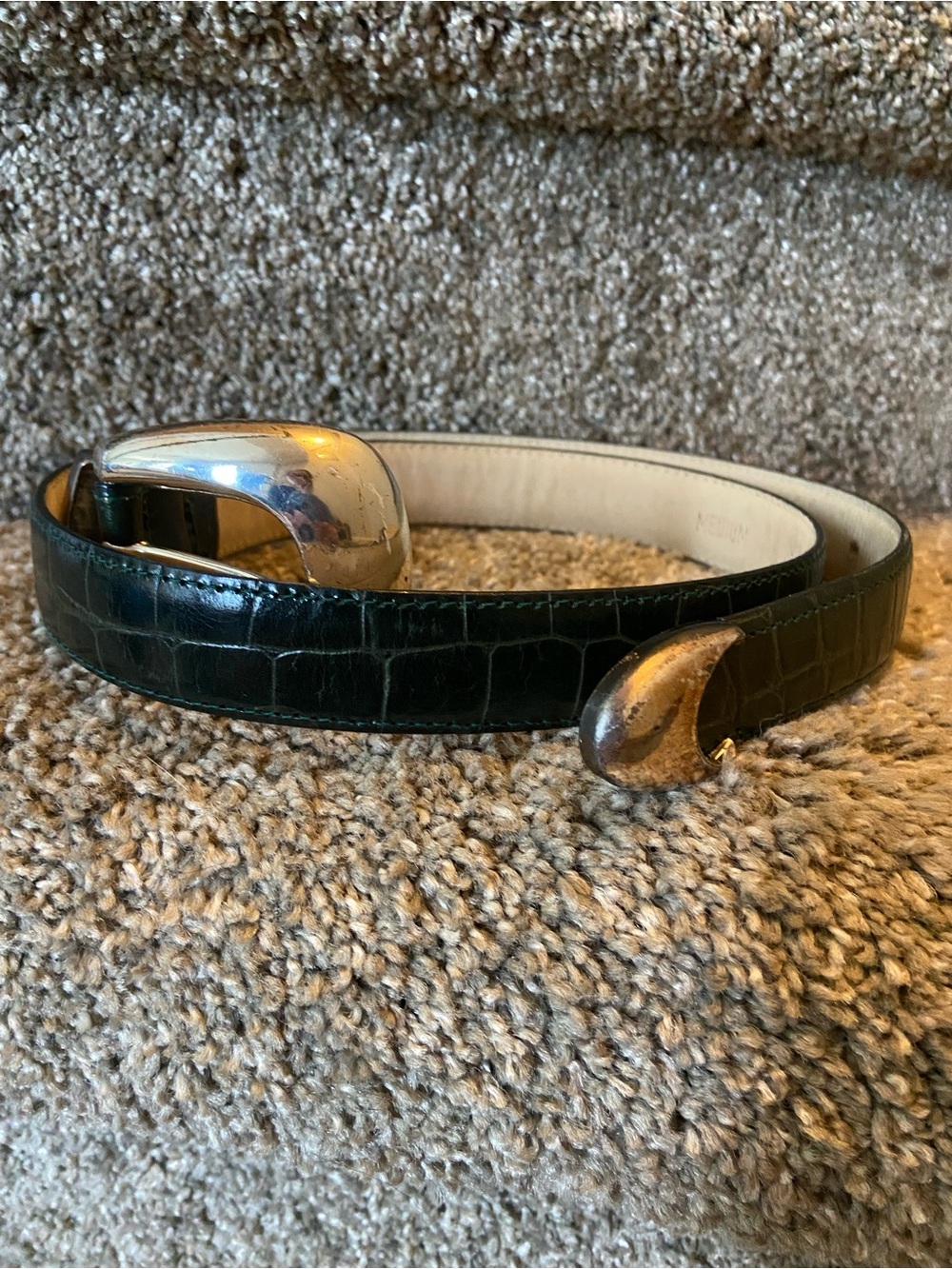 Women’s Dark Green Italian alligator calf, skin Leather Belt with Silver Buckle